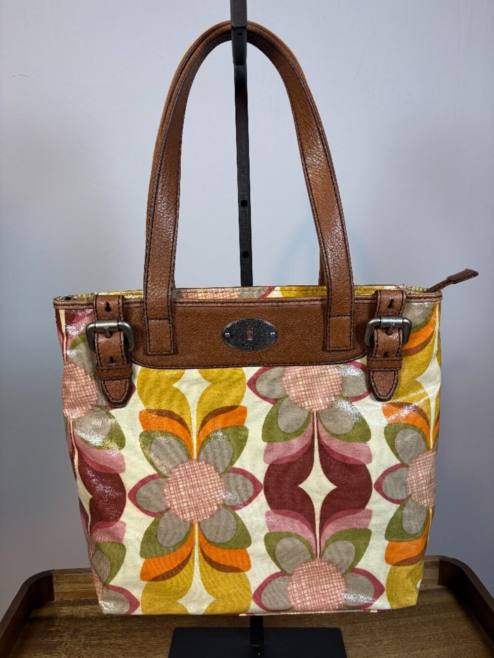Vintage Inspired Fossil Key-Per Calypso Coated Canvas Floral Brown Leather Tote